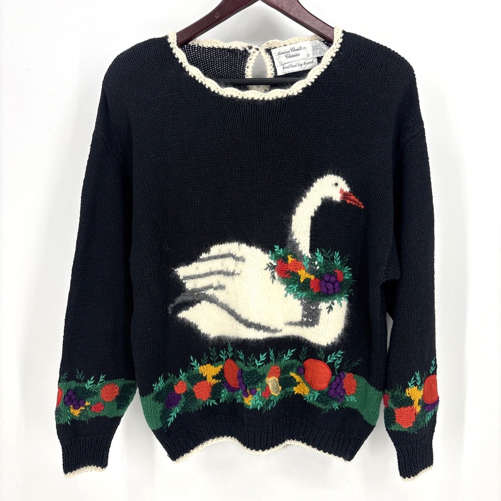 Vintage Hand Knitted Goose Fruit Sweater L Cottagecore 90s Farm Quirky 3D Fuzzy